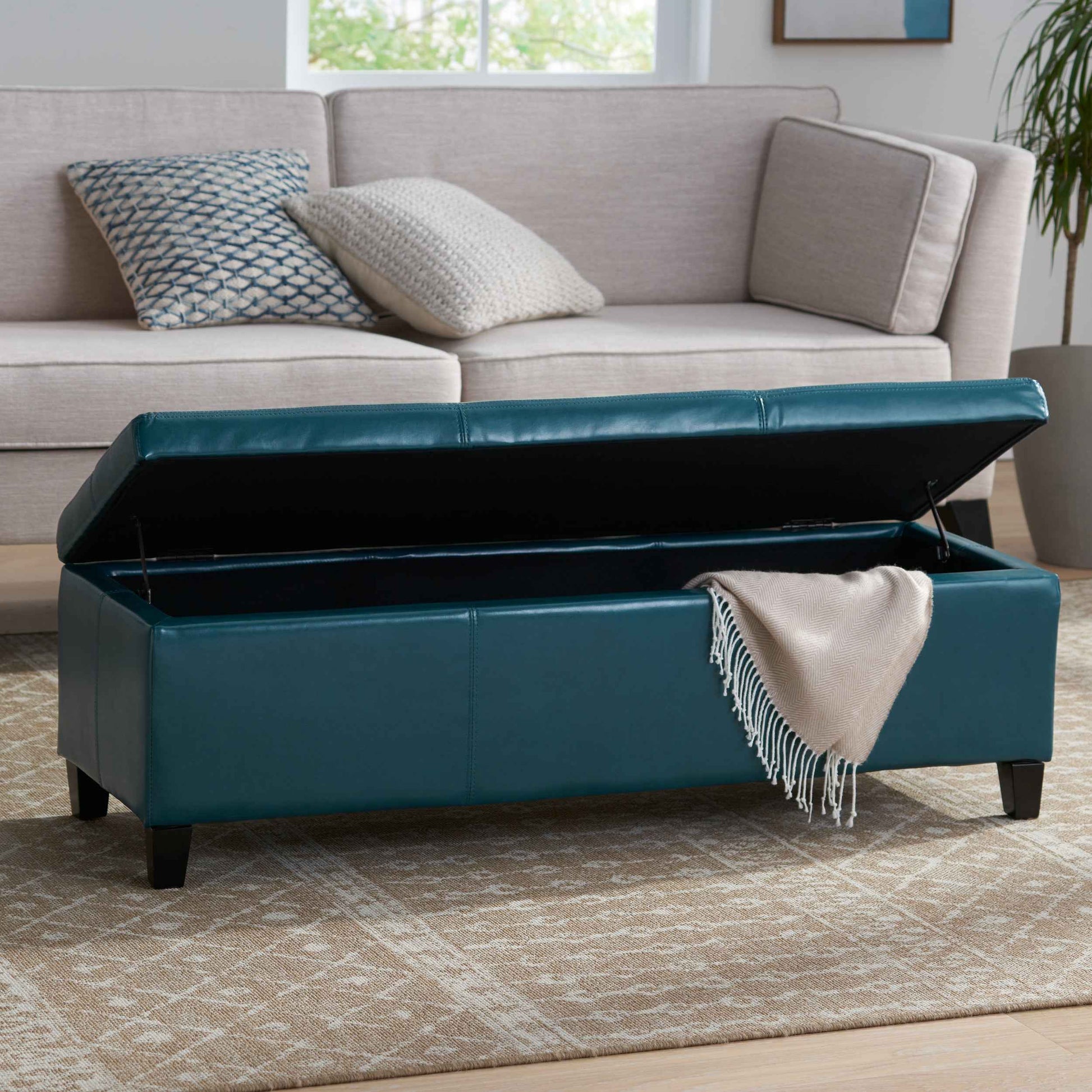 Elegant Teal Blue Leather Storage Ottoman Coffee Table