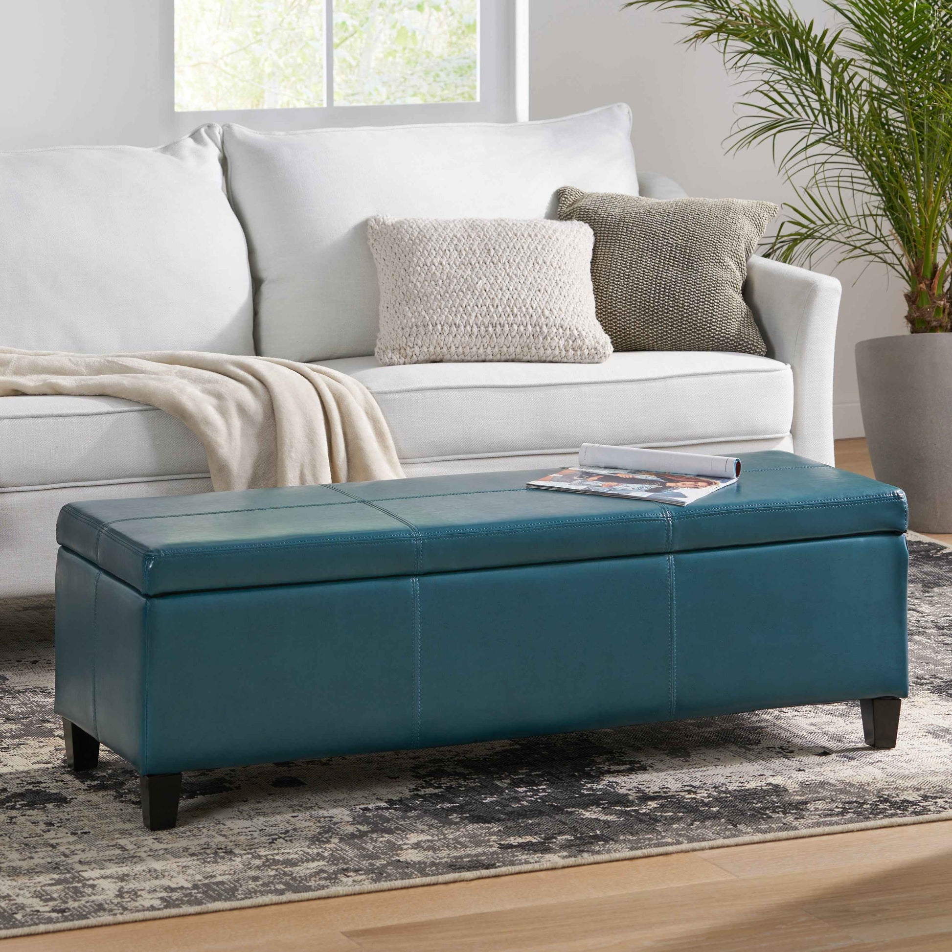 Elegant Teal Blue Leather Storage Ottoman Coffee Table