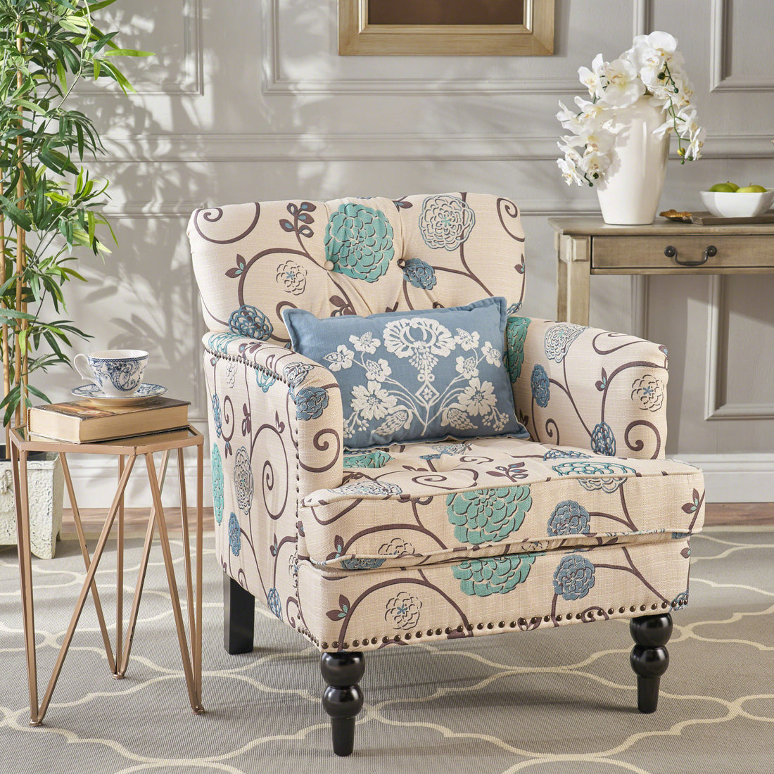 Elegant Tufted Accent Chair with Floral Upholstery USA