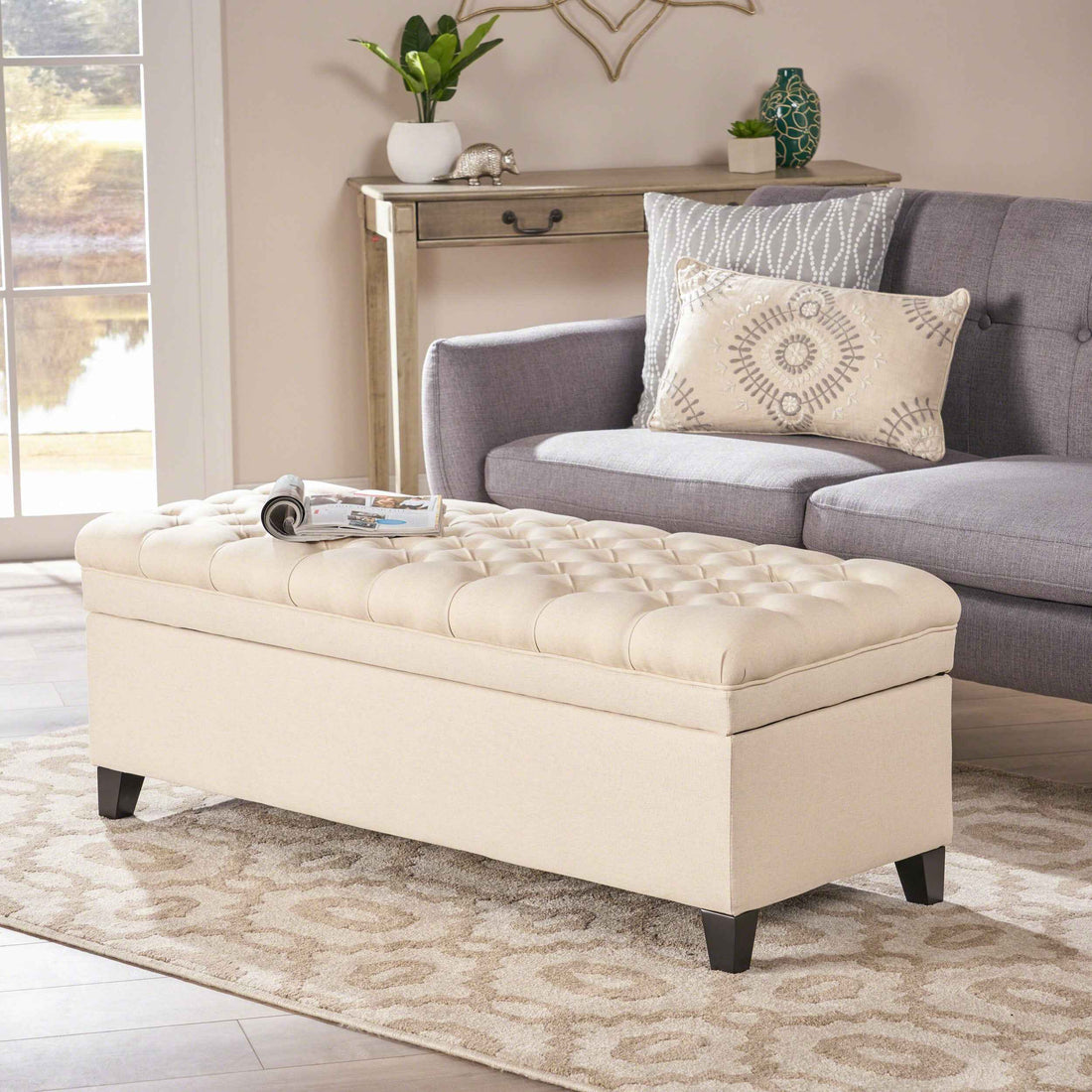 Elegant Tufted Ivory Linen Storage Ottoman Coffee Table