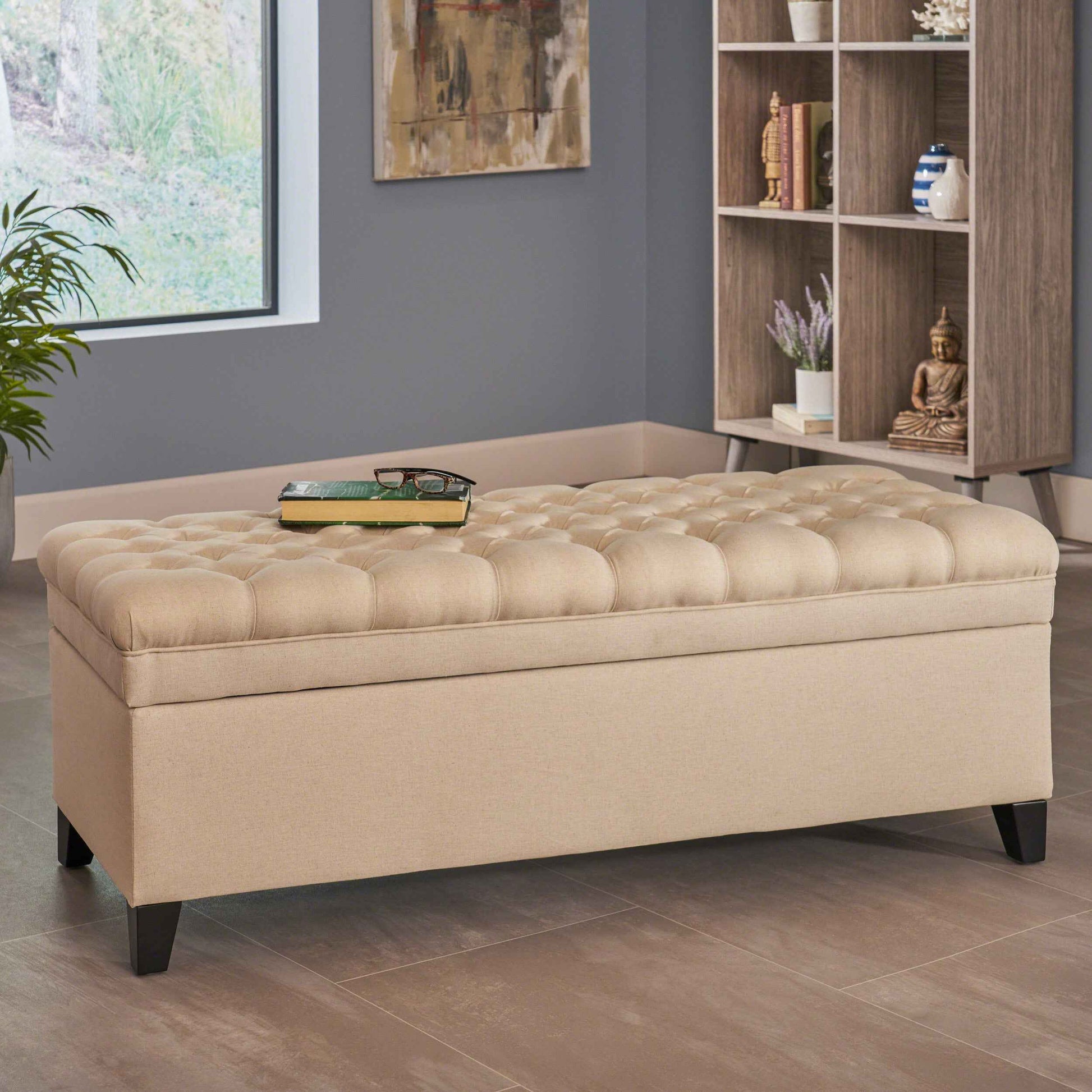 Elegant Tufted Ivory Linen Storage Ottoman Coffee Table