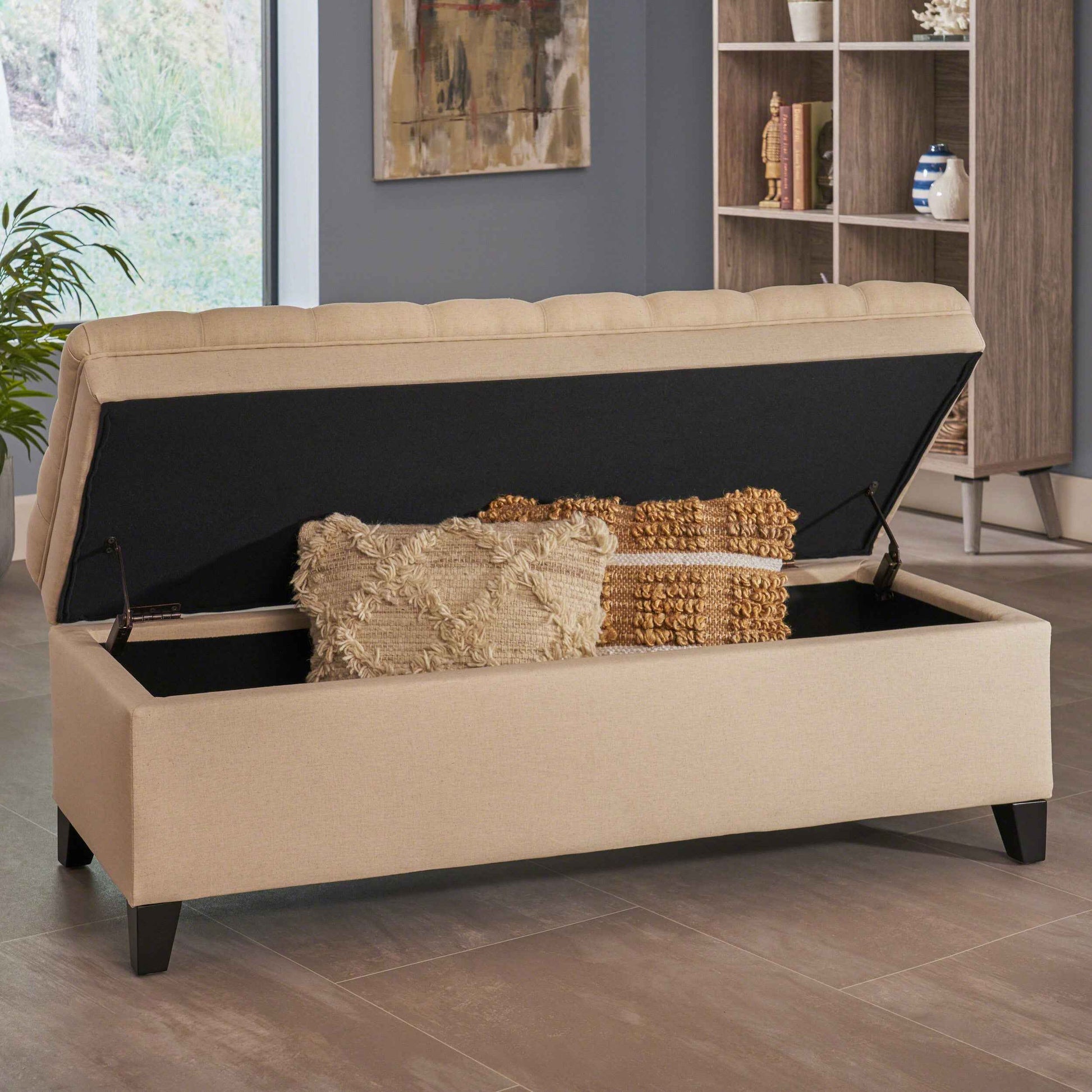 Elegant Tufted Ivory Linen Storage Ottoman Coffee Table