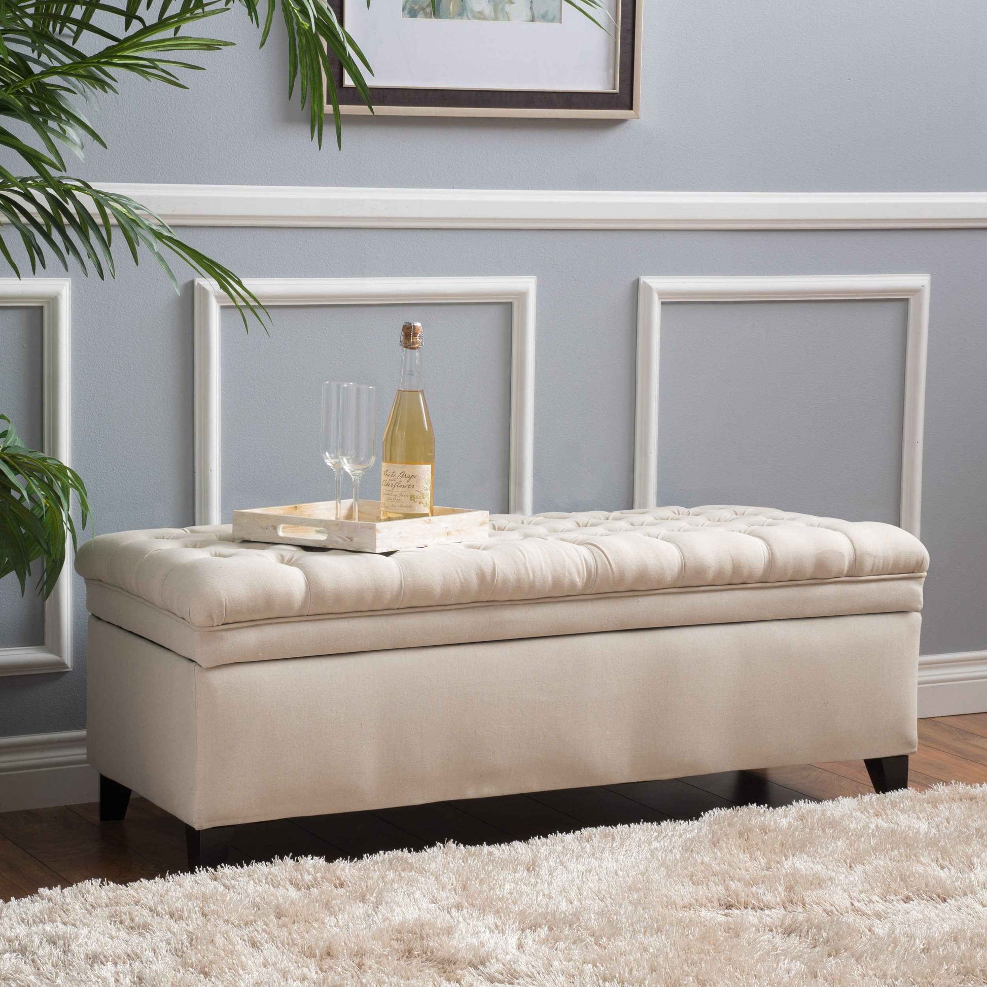 Elegant Tufted Ivory Linen Storage Ottoman Coffee Table