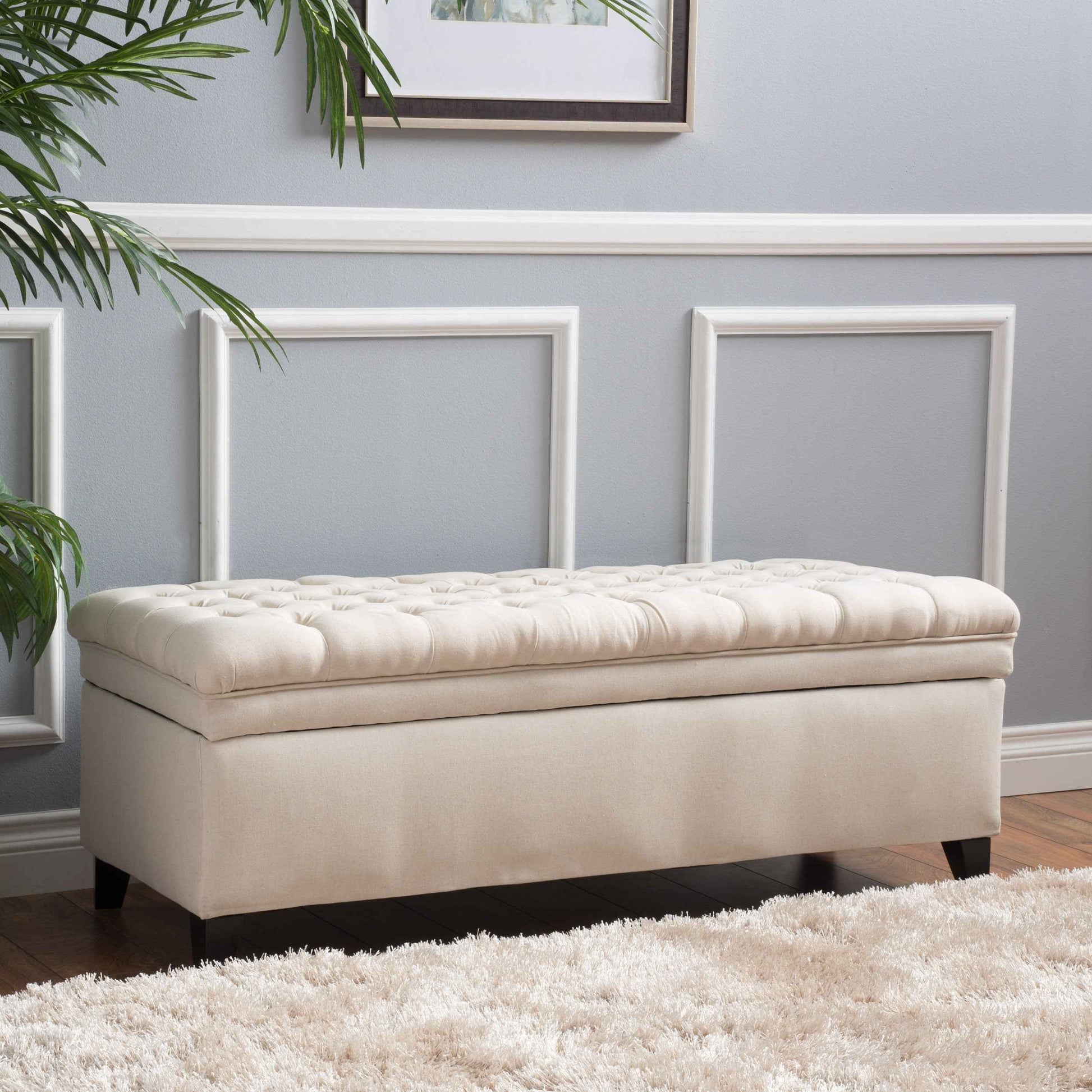 Elegant Tufted Ivory Linen Storage Ottoman Coffee Table