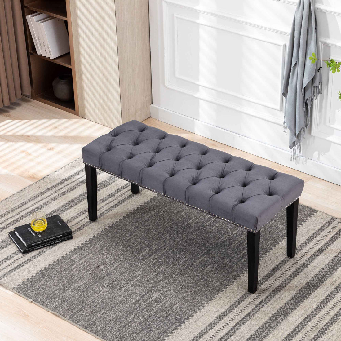 Elegant Tufted Velvet Entryway Bench in Dark Gray- USA