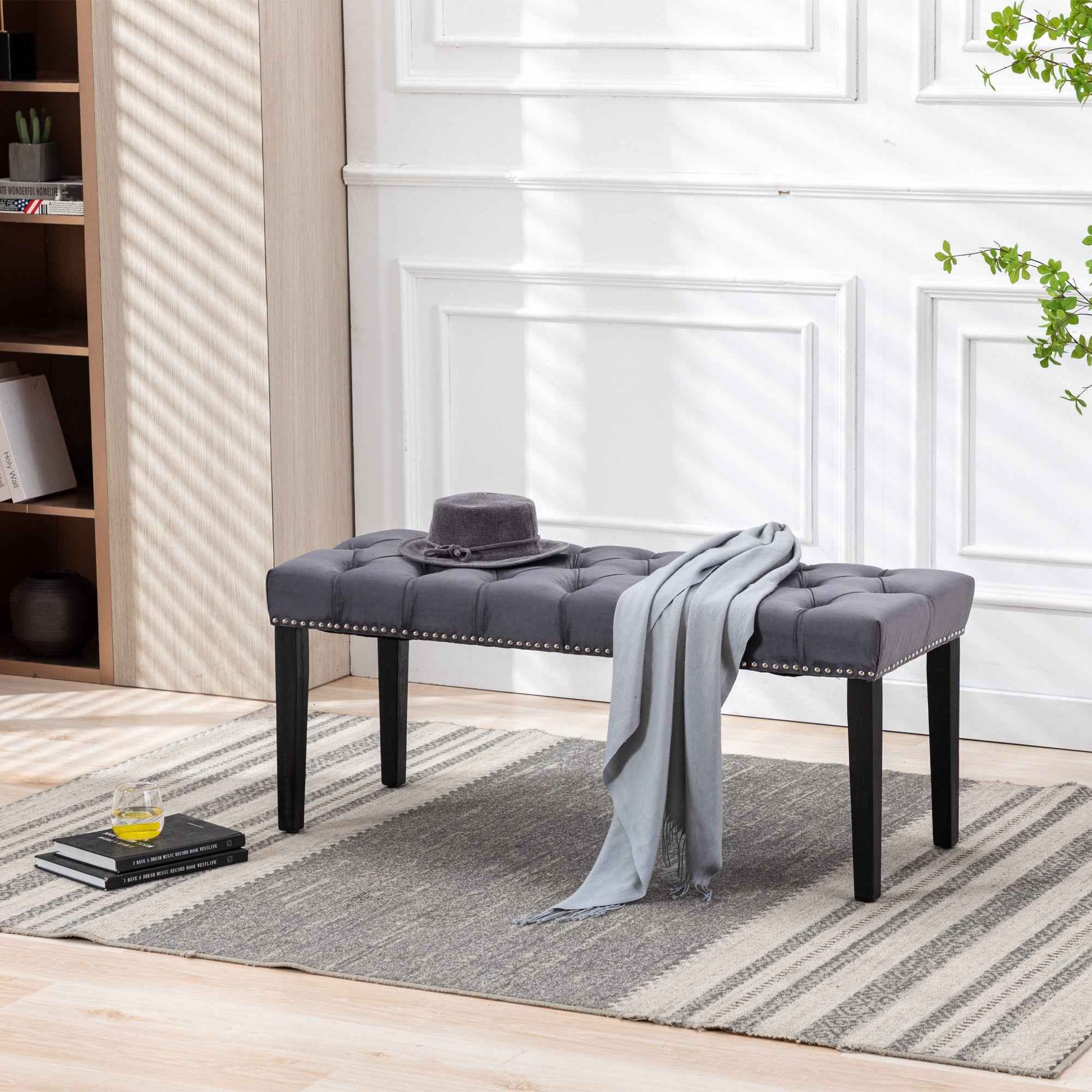 Elegant Tufted Velvet Entryway Bench in Dark Gray- USA