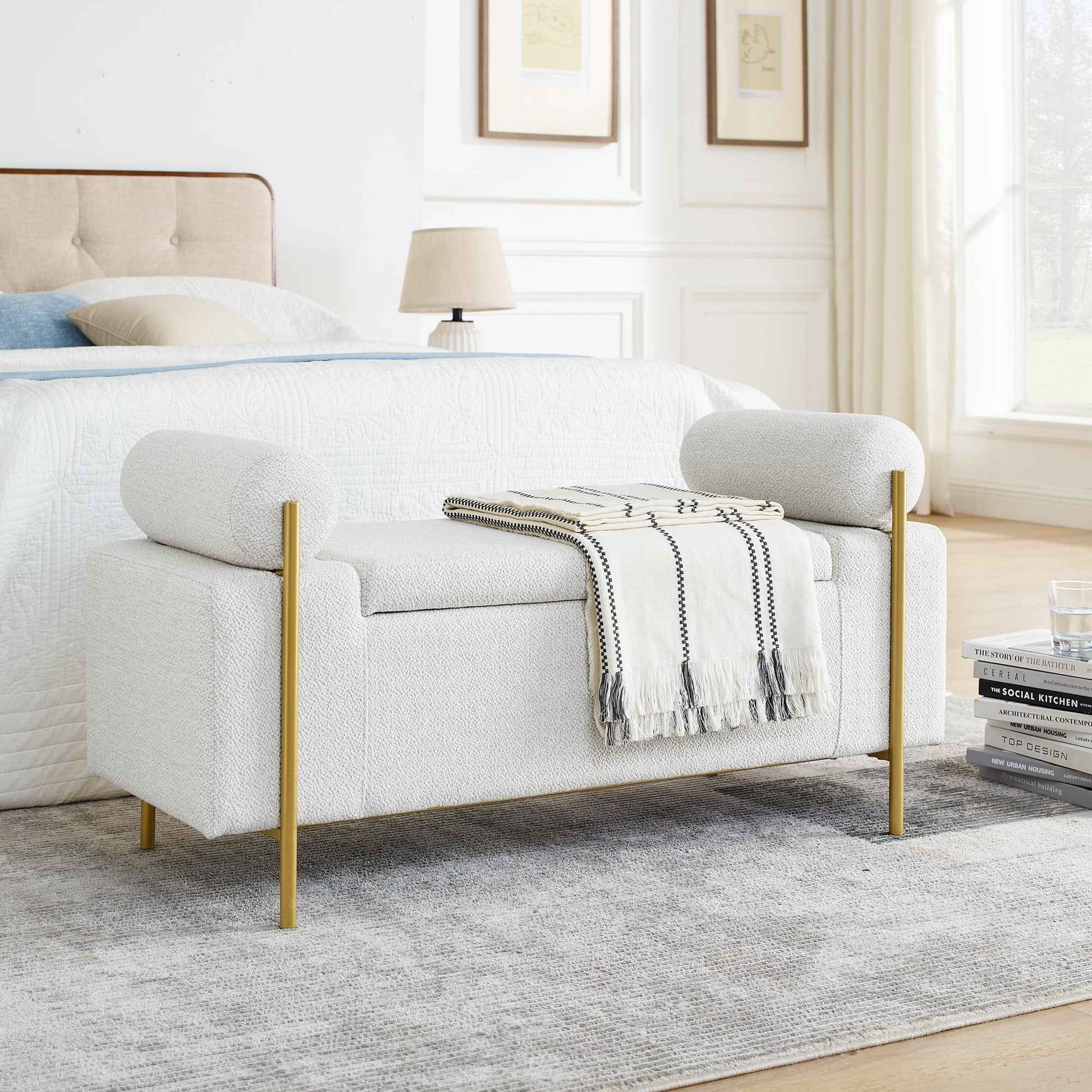 Elegant Upholstered Linen Storage Bench with Cylindrical Arms and Iron Legs