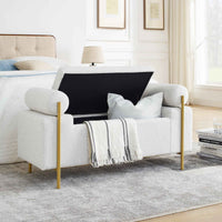 Elegant Upholstered Linen Storage Bench with Cylindrical Arms and Iron Legs