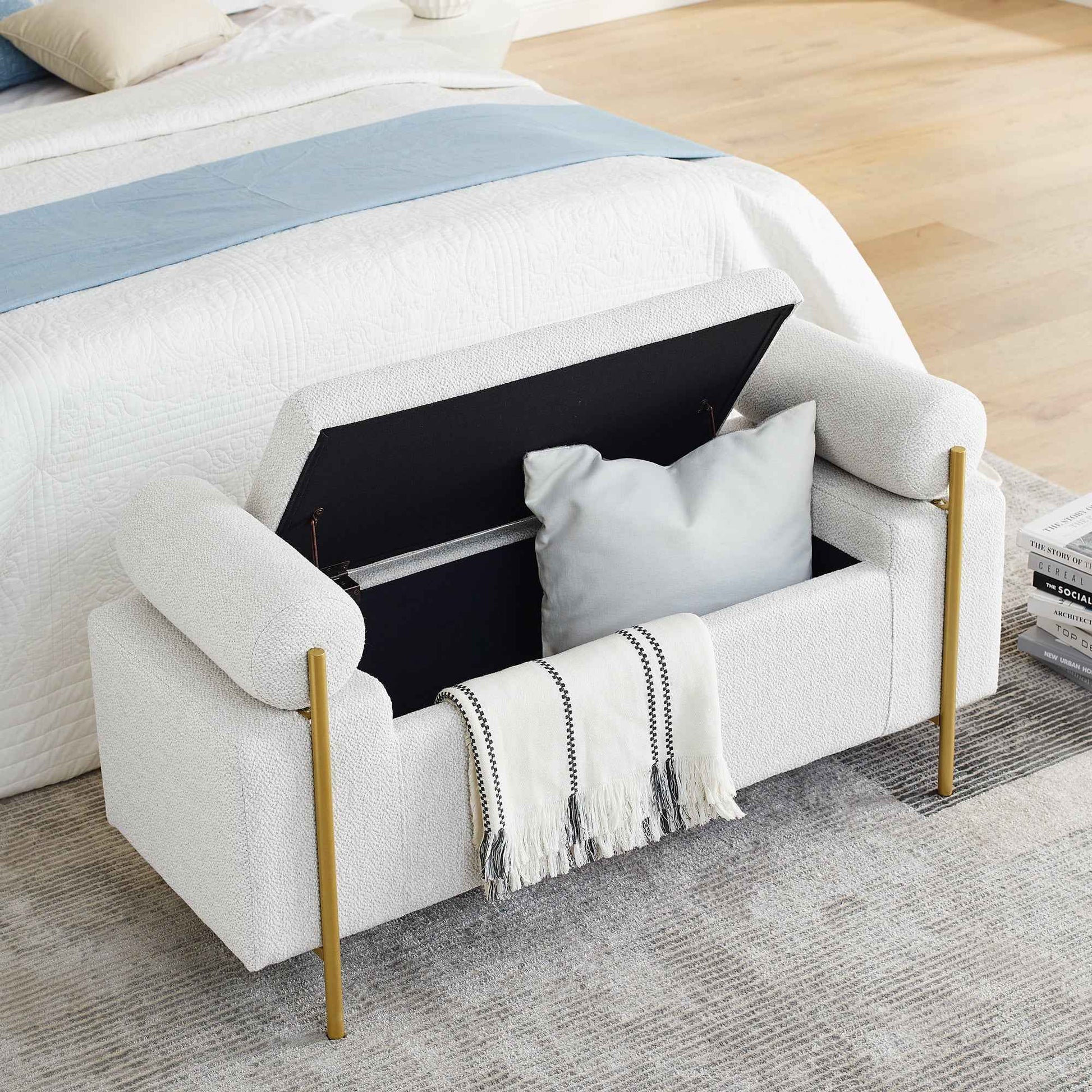 Elegant Upholstered Linen Storage Bench with Cylindrical Arms and Iron Legs