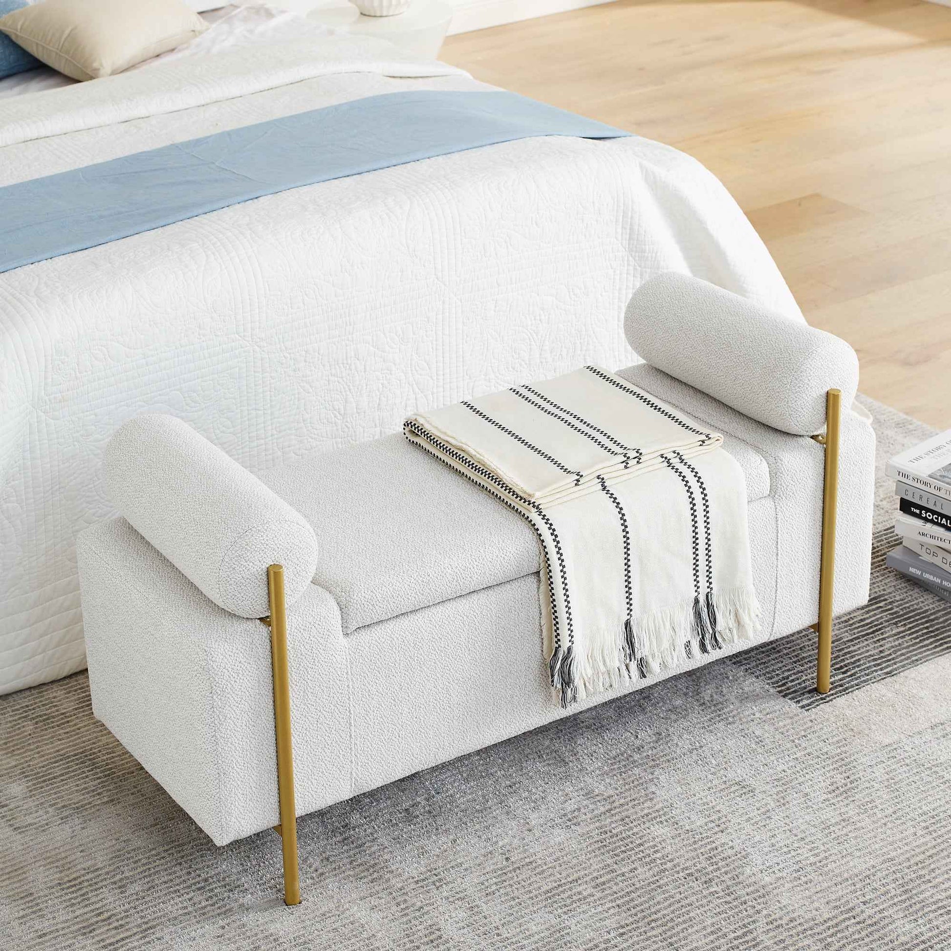 Elegant Upholstered Linen Storage Bench with Cylindrical Arms and Iron Legs