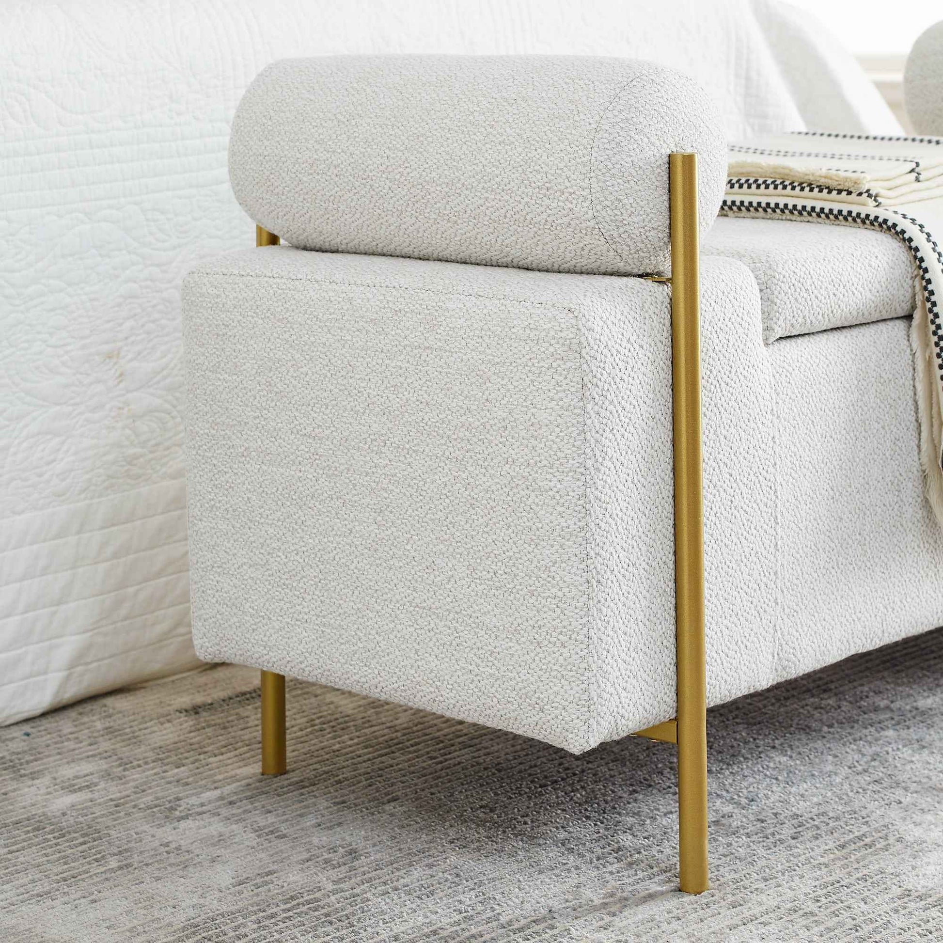 Elegant Upholstered Linen Storage Bench with Cylindrical Arms and Iron Legs