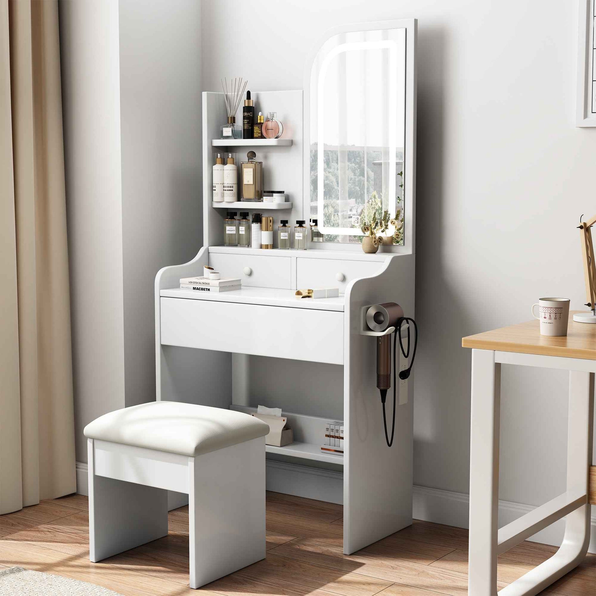 Elegant Vanity Desk with Lighted Mirror and Storage Cabinet