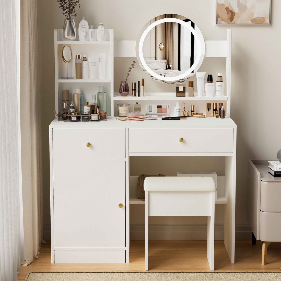 Elegant Vanity Desk with Lighted Mirror and Tufted Chair