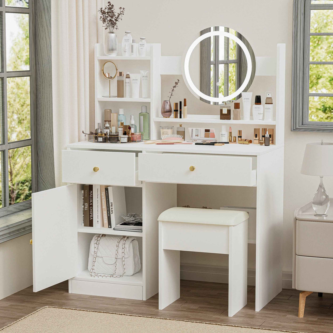 Elegant Vanity Desk with Lighted Mirror and Tufted Chair