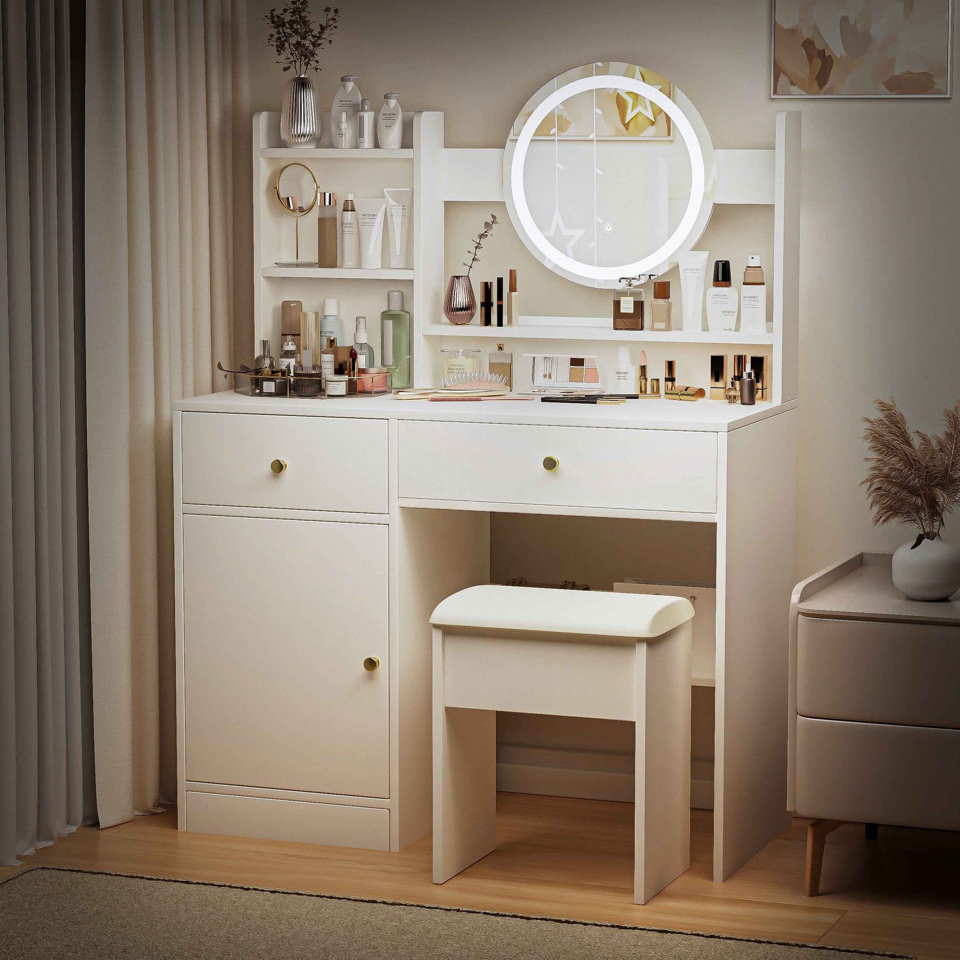 Elegant Vanity Desk with Lighted Mirror and Tufted Chair