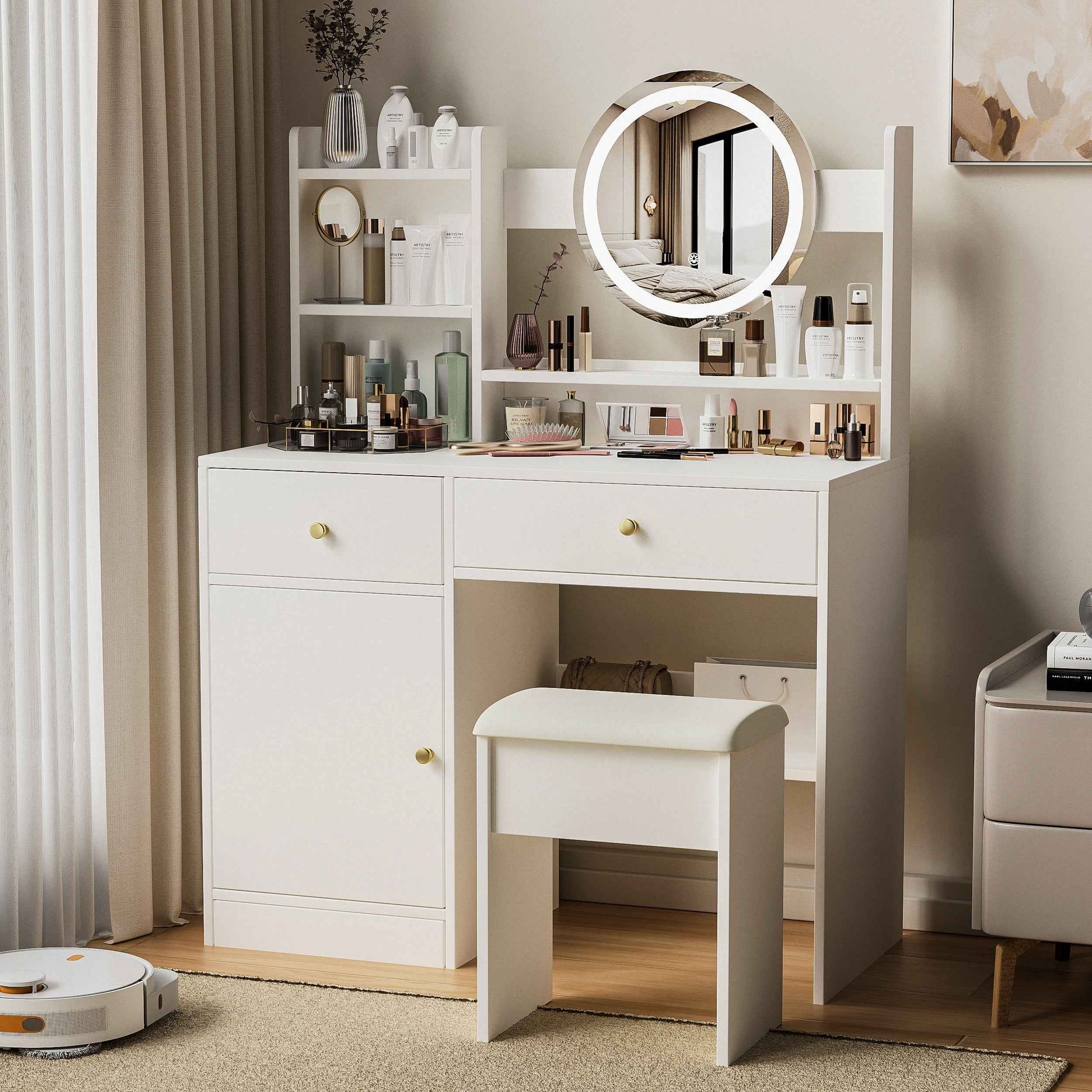 Elegant Vanity Desk with Lighted Mirror and Tufted Chair