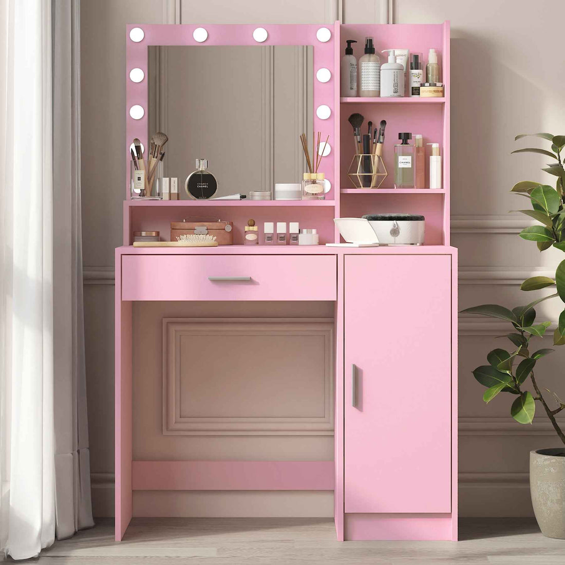 Elegant Vanity Table with Lighted Mirror and Storage Drawers