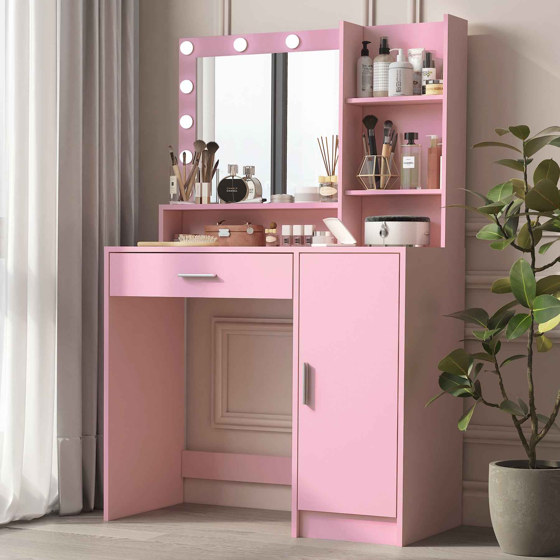 Elegant Vanity Table with Lighted Mirror and Storage Drawers