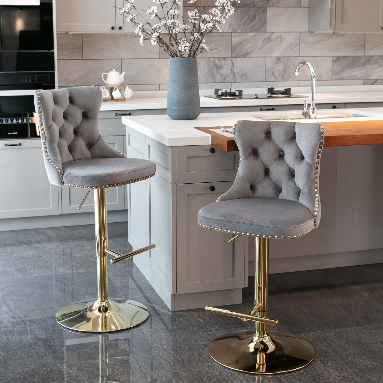 Elegant Velvet Adjustable Barstools with Gold Metallic Accents USA