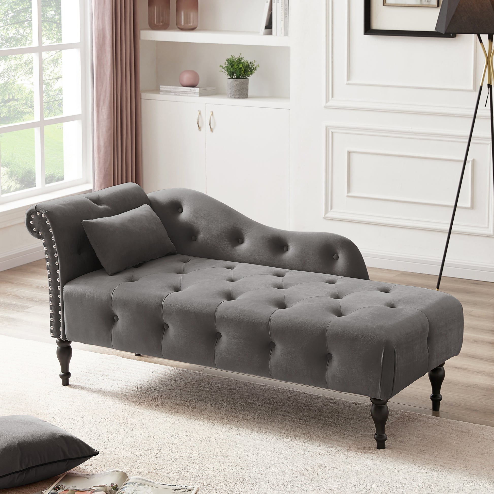 Elegant Velvet Tufted Chaise Lounge with Metallic Nailhead Trim USA