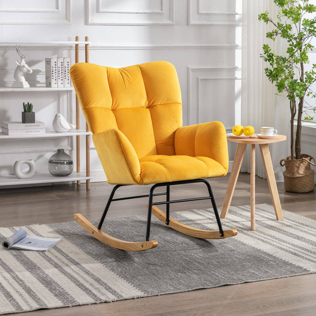 Elegant Velvet Tufted Rocking Chair in Golden Yellow USA