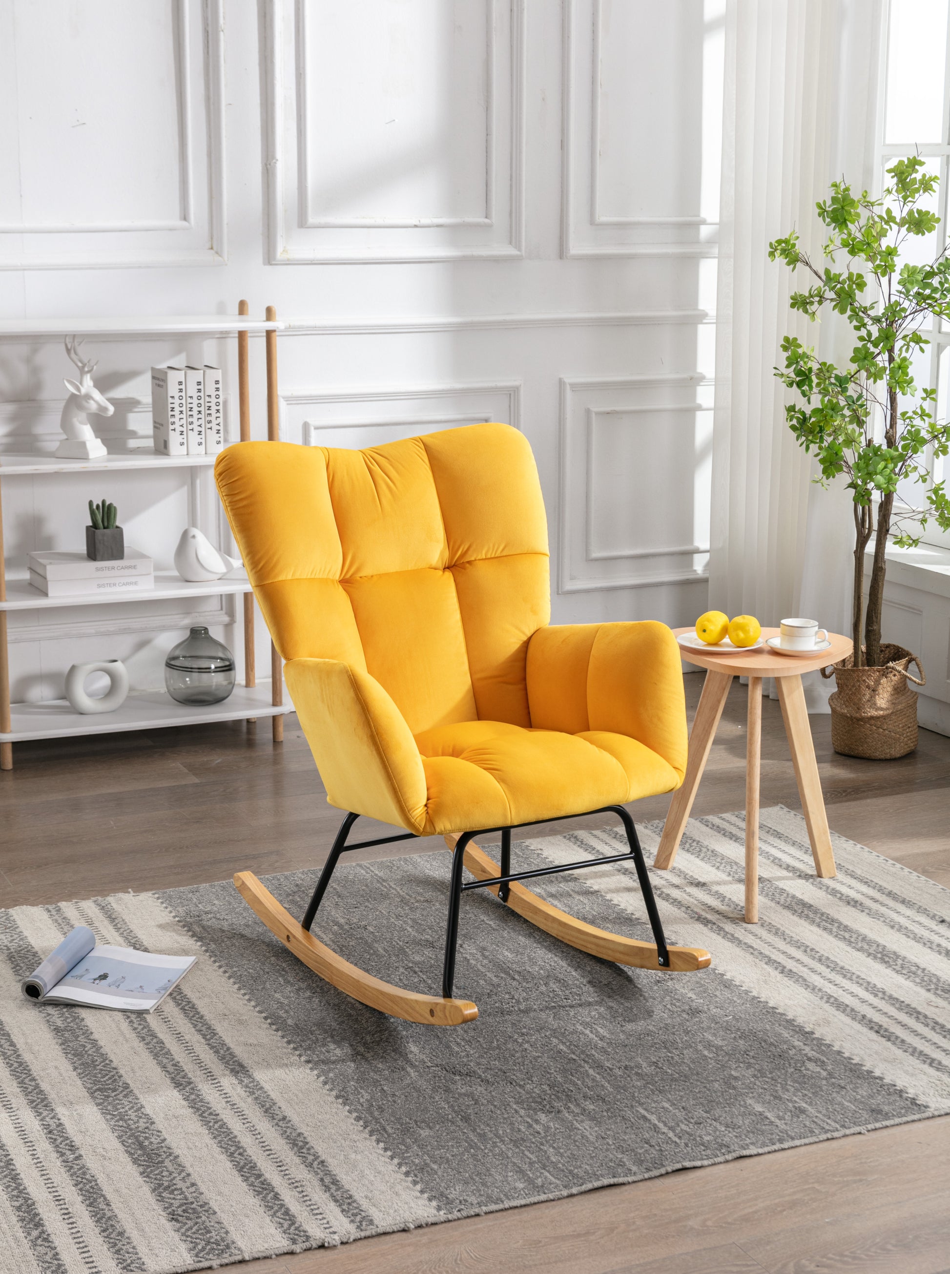 Elegant Velvet Tufted Rocking Chair in Golden Yellow USA