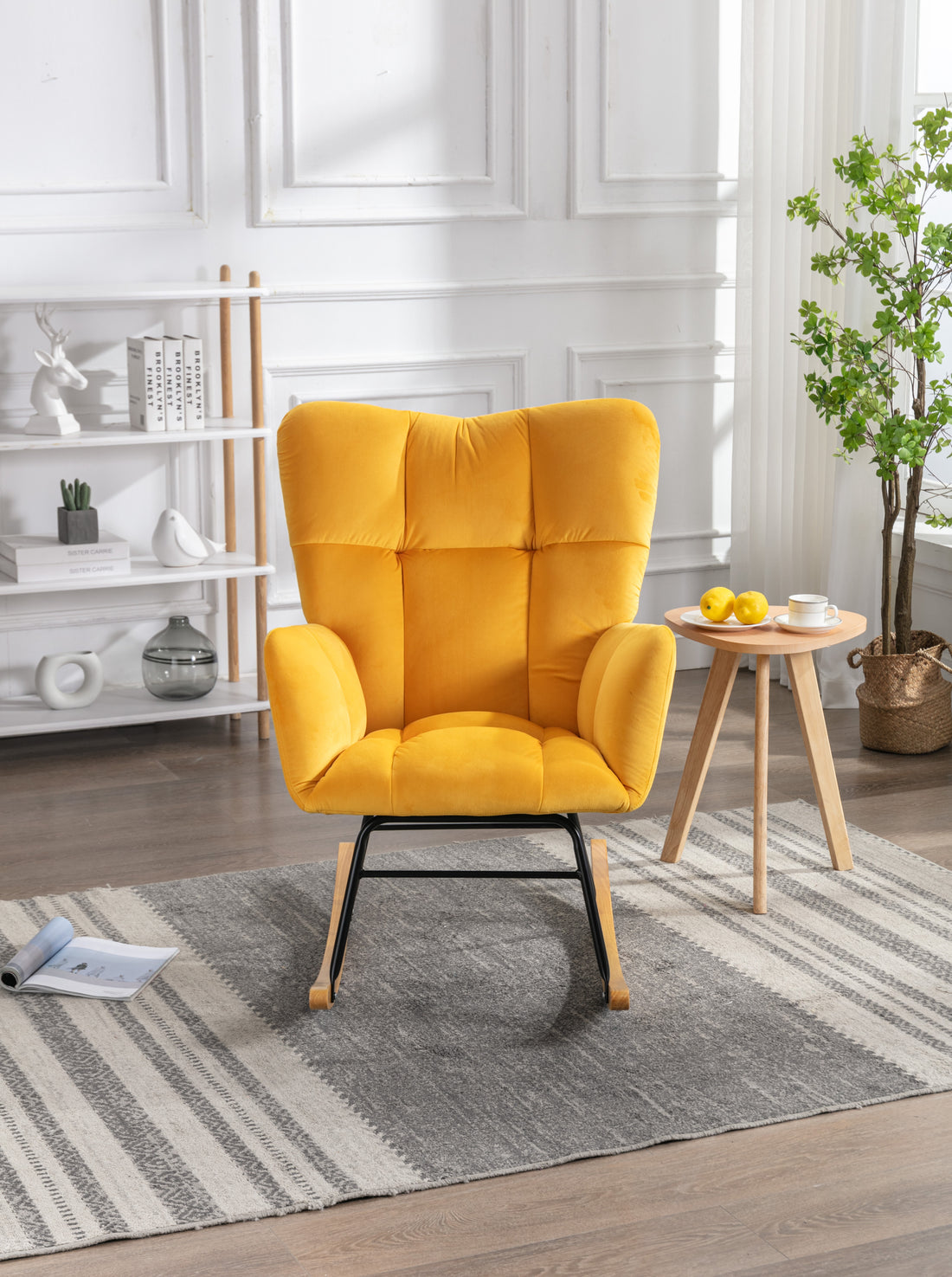 Elegant Velvet Tufted Rocking Chair in Golden Yellow USA