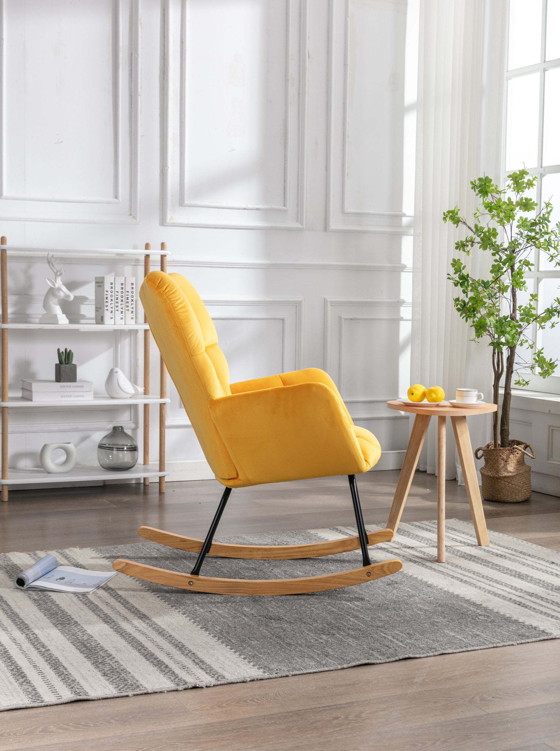 Elegant Velvet Tufted Rocking Chair in Golden Yellow USA