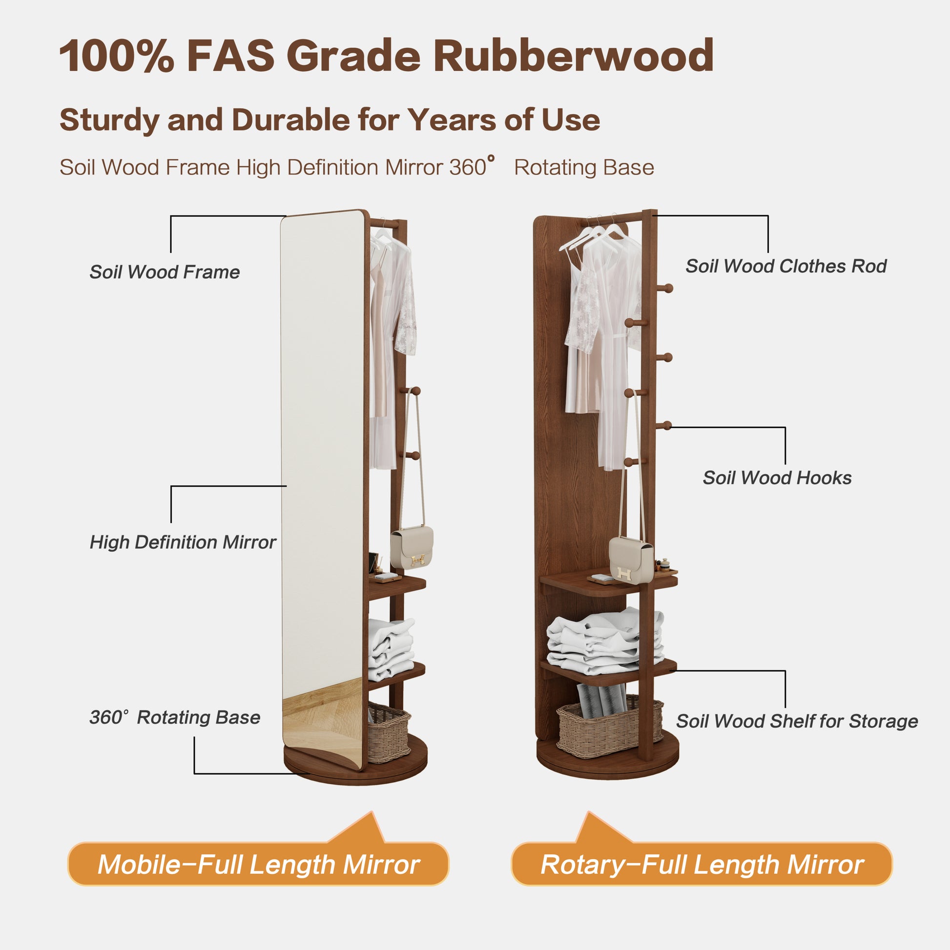 Elegant Walnut Full-Length Mirror with Solid Wood Frame - 65.7 x 17.7 USA