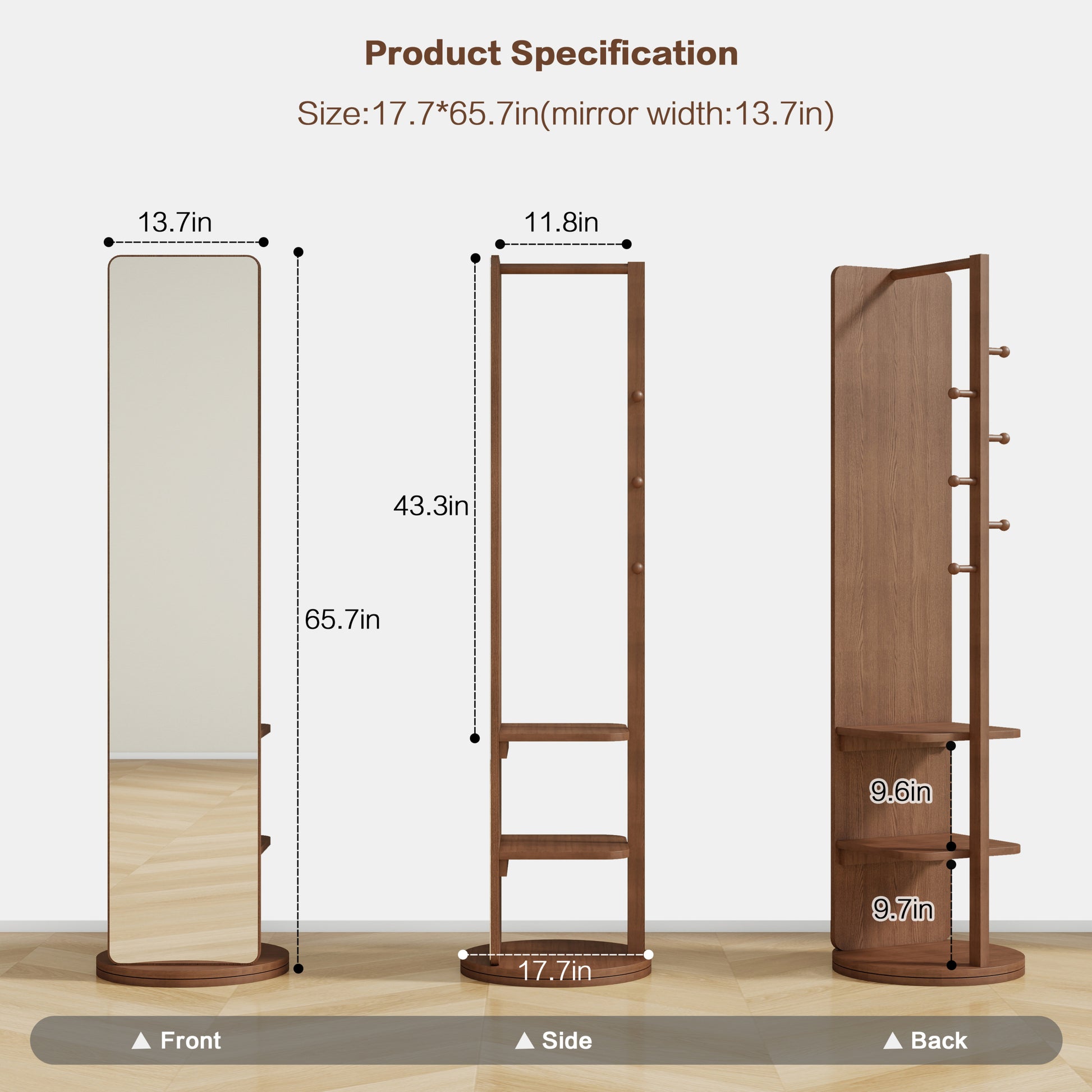 Elegant Walnut Full-Length Mirror with Solid Wood Frame - 65.7 x 17.7 USA