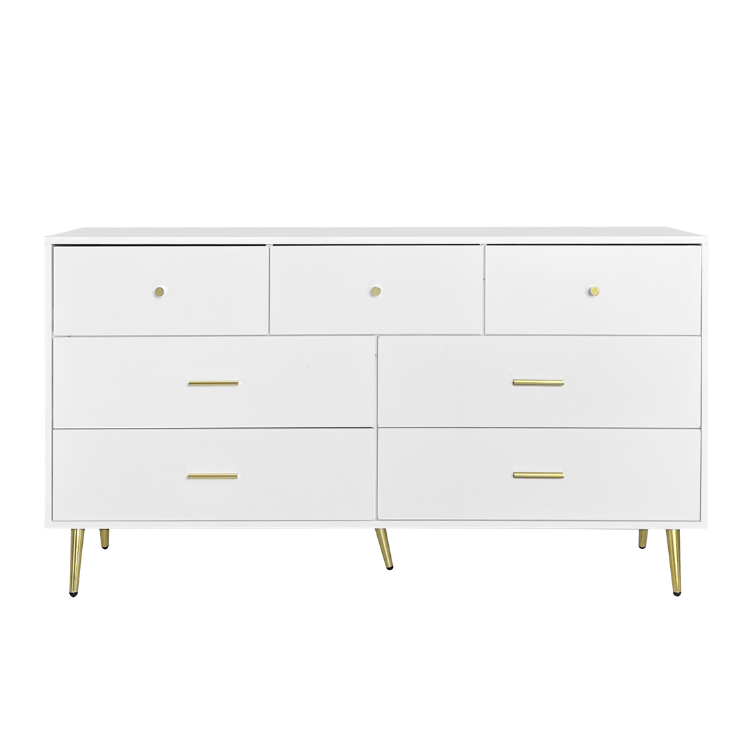 Elegant White 6-Drawer Wooden Dresser with Golden Handles and Legs USA