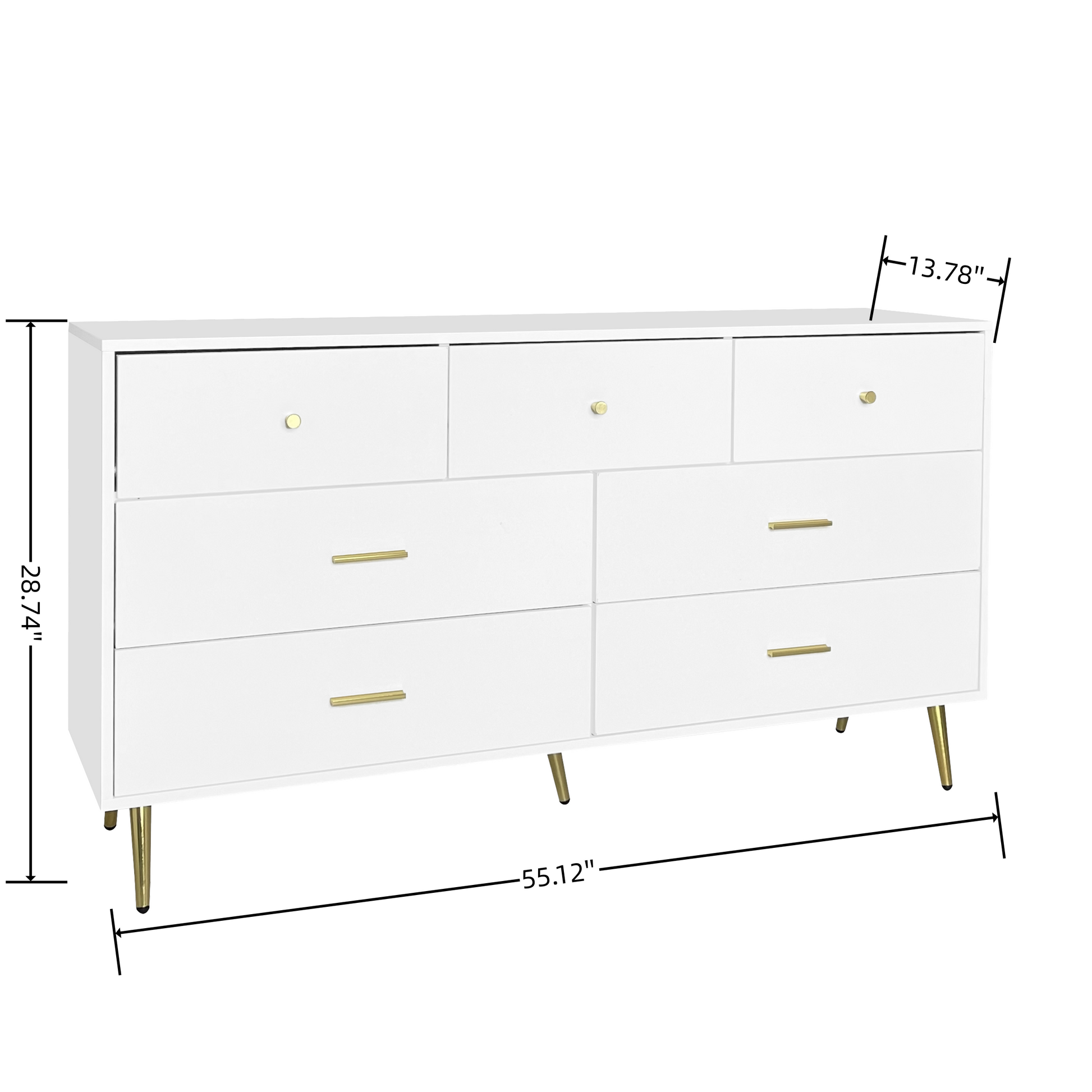 Elegant White 6-Drawer Wooden Dresser with Golden Handles and Legs USA