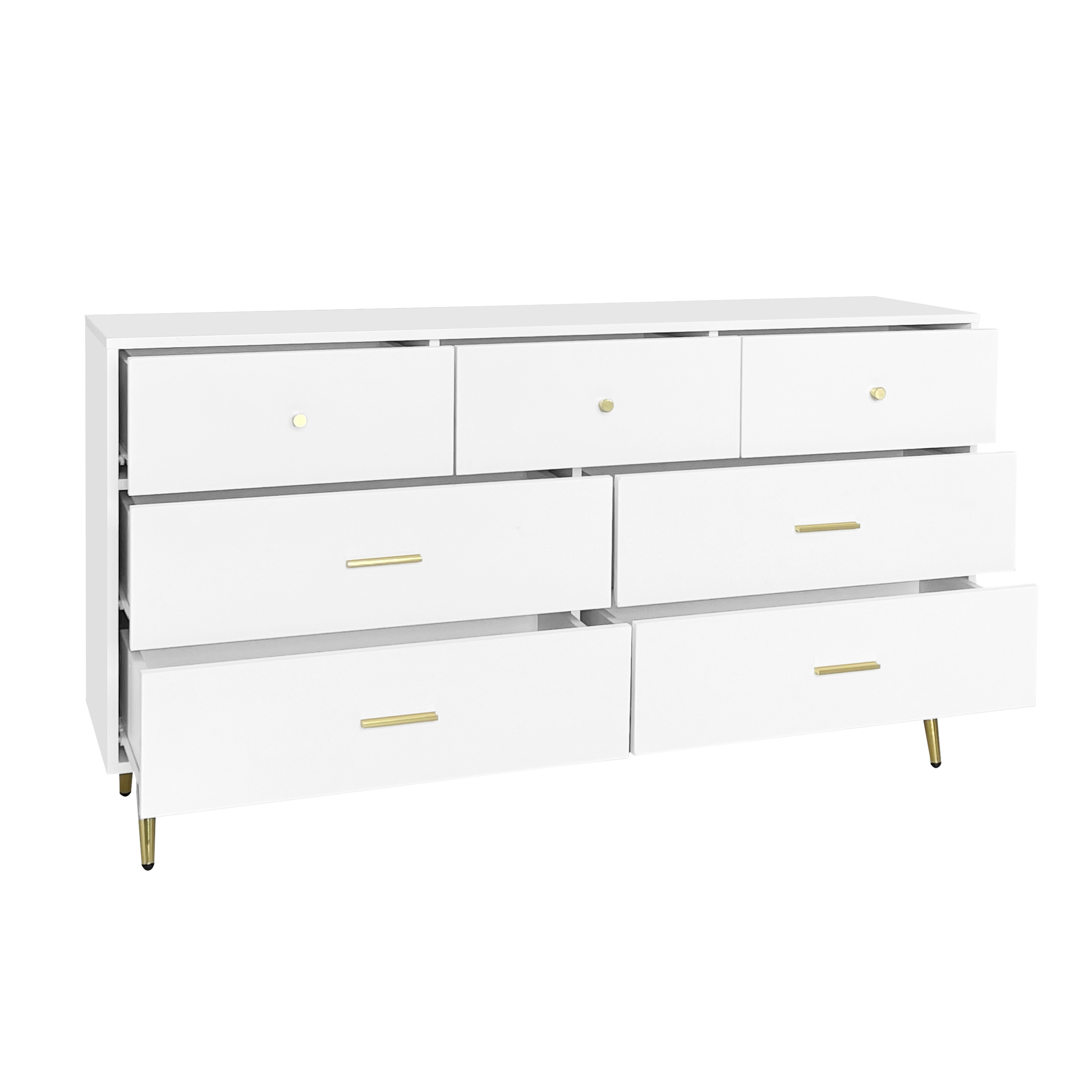 Elegant White 6-Drawer Wooden Dresser with Golden Handles and Legs USA