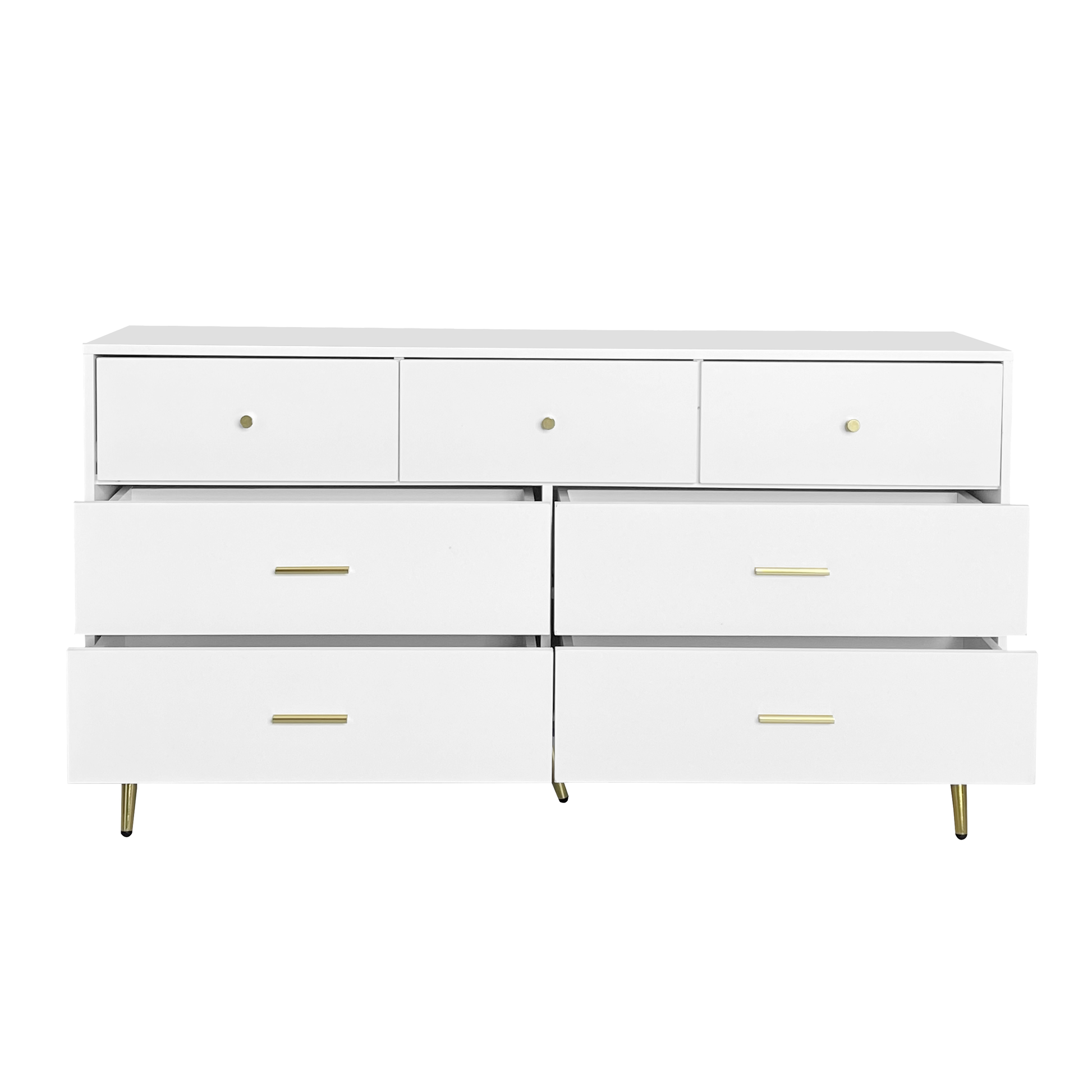 Elegant White 6-Drawer Wooden Dresser with Golden Handles and Legs USA