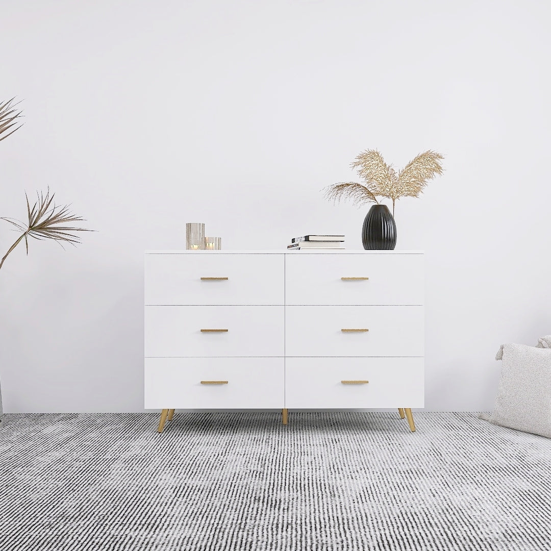 Elegant White Modern 6-Drawer Dresser with Sleek Gold-Tone Hardware and Legs USA