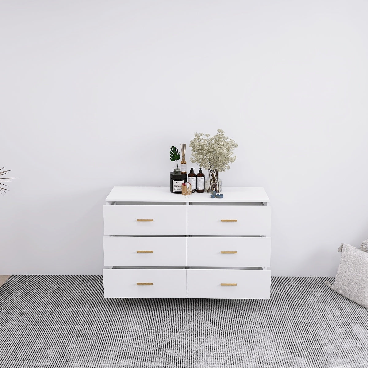 Elegant White Modern 6-Drawer Dresser with Sleek Gold-Tone Hardware and Legs USA