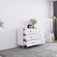 Elegant White Modern 6-Drawer Dresser with Sleek Gold-Tone Hardware and Legs USA