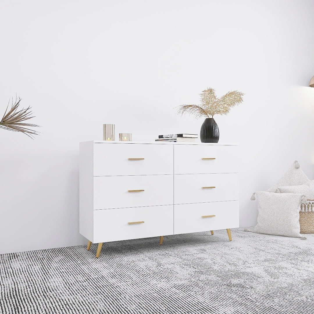 Elegant White Modern 6-Drawer Dresser with Sleek Gold-Tone Hardware and Legs USA