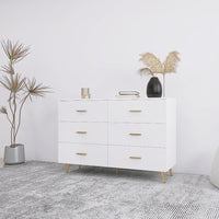 Elegant White Modern 6-Drawer Dresser with Sleek Gold-Tone Hardware and Legs USA