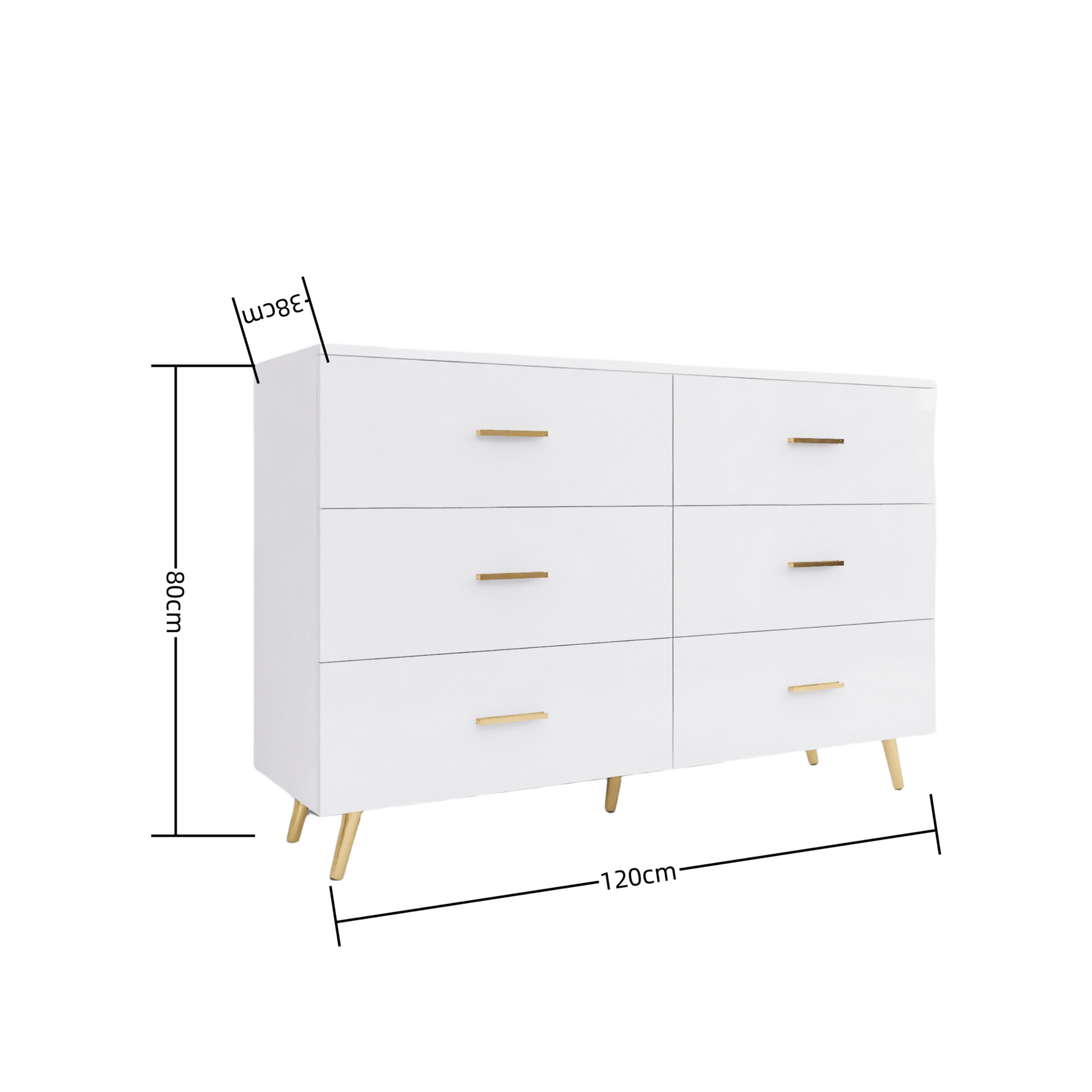 Elegant White Modern 6-Drawer Dresser with Sleek Gold-Tone Hardware and Legs USA