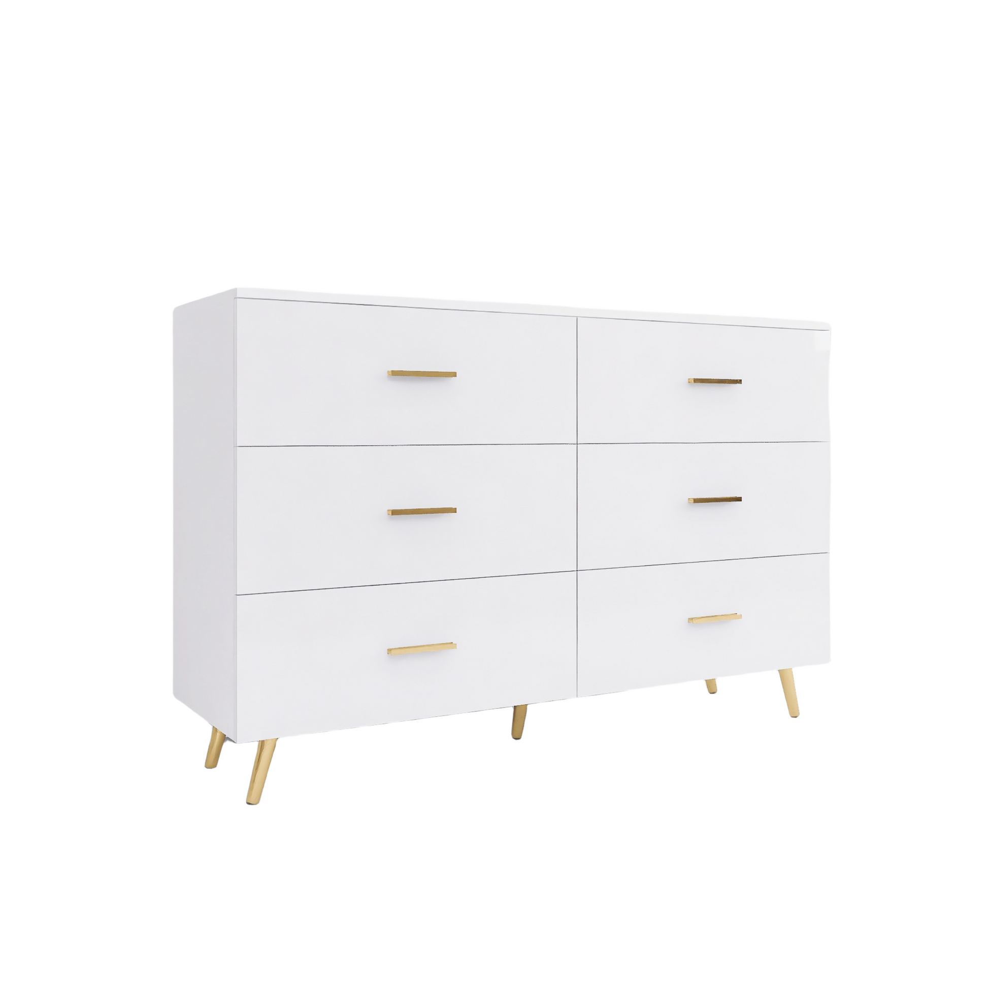 Elegant White Modern 6-Drawer Dresser with Sleek Gold-Tone Hardware and Legs USA