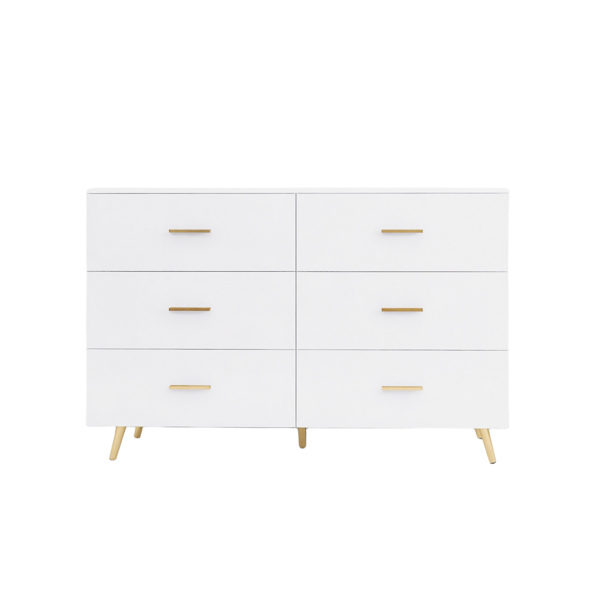 Elegant White Modern 6-Drawer Dresser with Sleek Gold-Tone Hardware and Legs USA