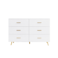 Elegant White Modern 6-Drawer Dresser with Sleek Gold-Tone Hardware and Legs USA