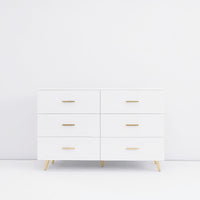 Elegant White Modern 6-Drawer Dresser with Sleek Gold-Tone Hardware and Legs USA