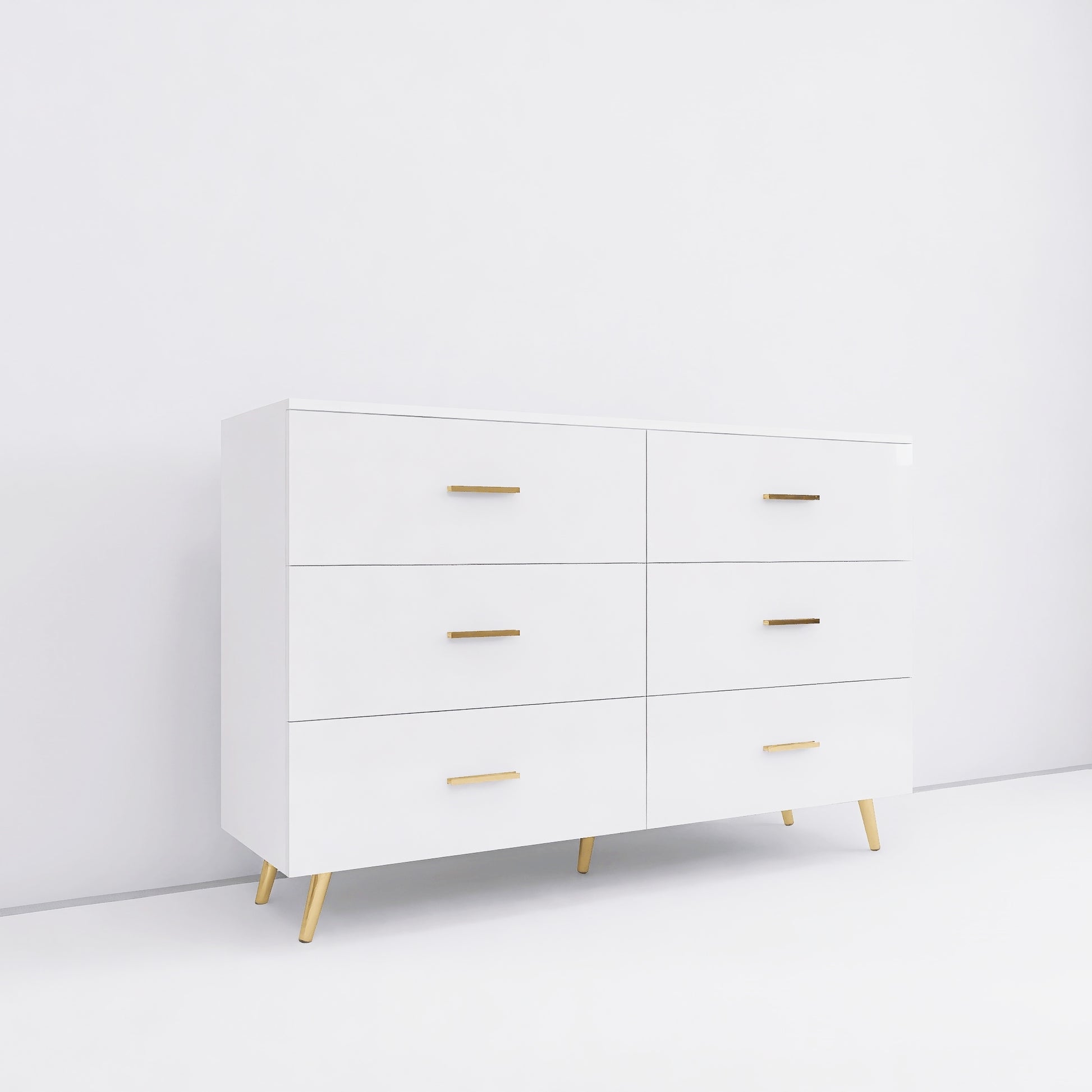 Elegant White Modern 6-Drawer Dresser with Sleek Gold-Tone Hardware and Legs USA