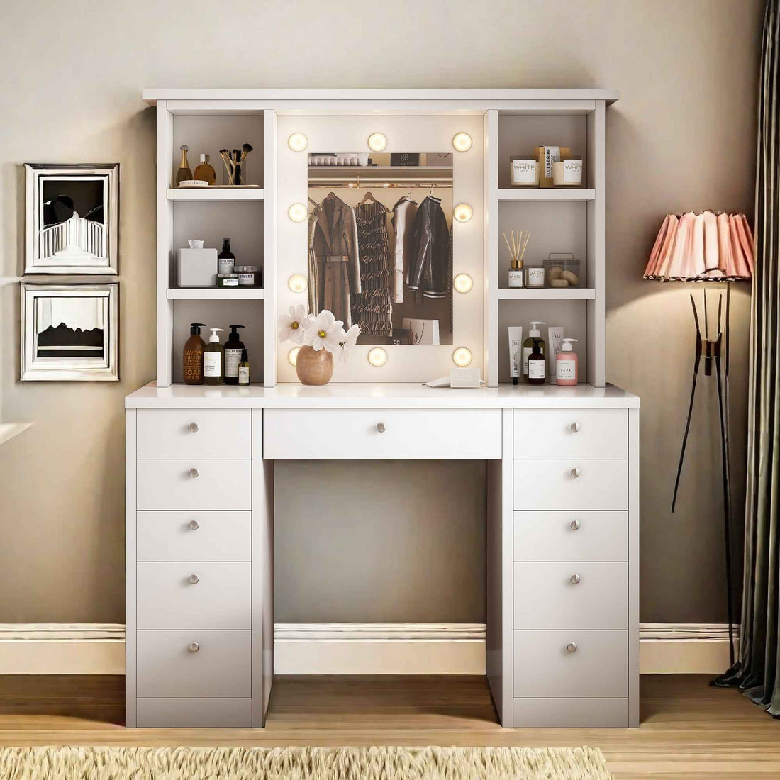 Elegant White Vanity Desk with LED Lighted Mirror and 11 Drawers