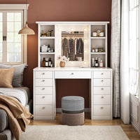 Elegant White Vanity Desk with LED Lighted Mirror and 11 Drawers