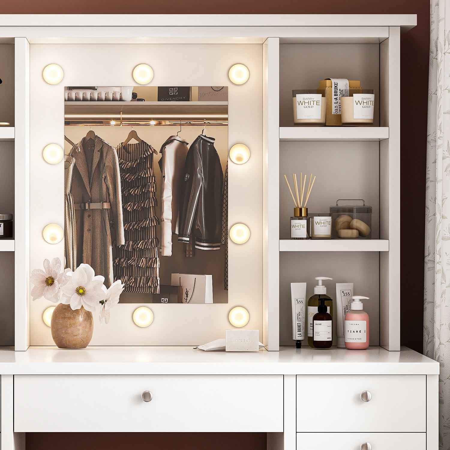 Elegant White Vanity Desk with LED Lighted Mirror and 11 Drawers