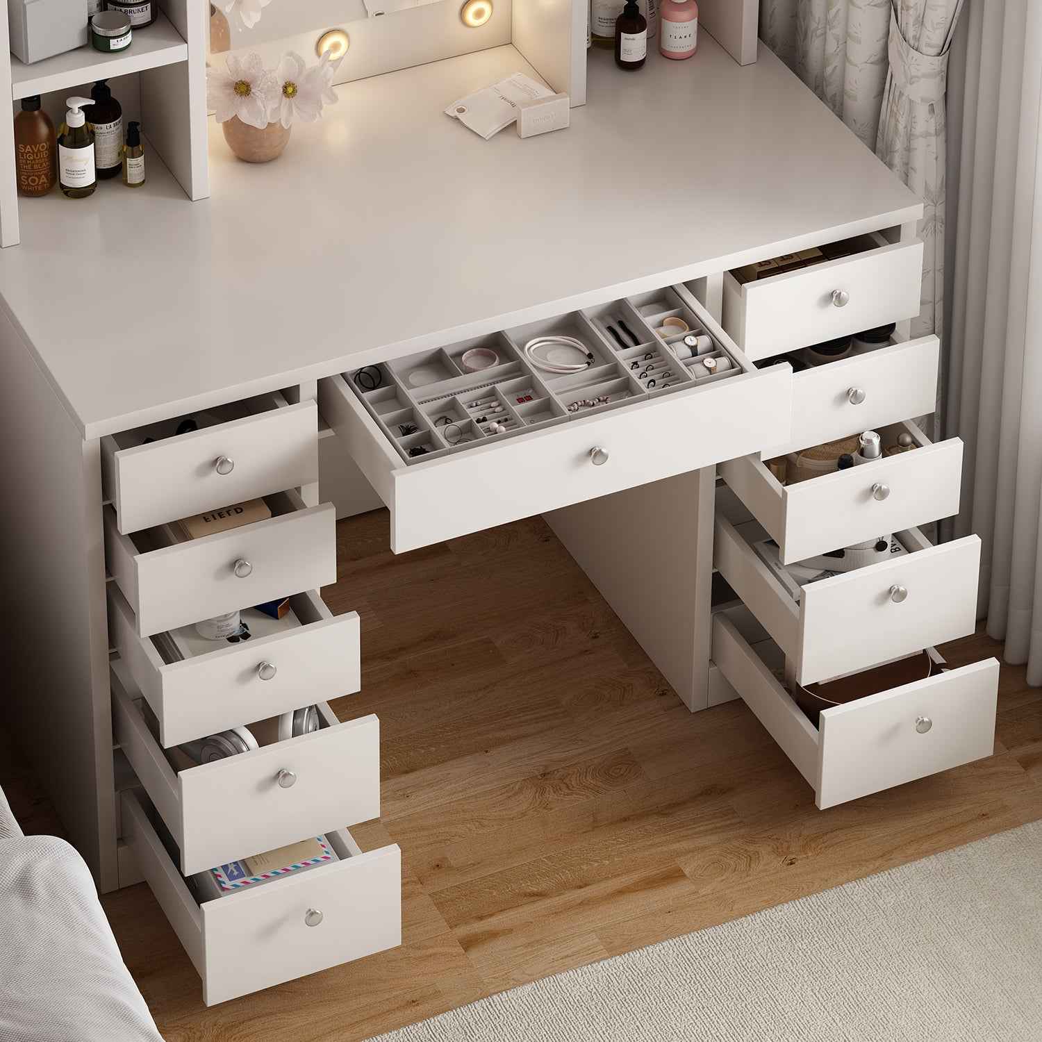 Elegant White Vanity Desk with LED Lighted Mirror and 11 Drawers