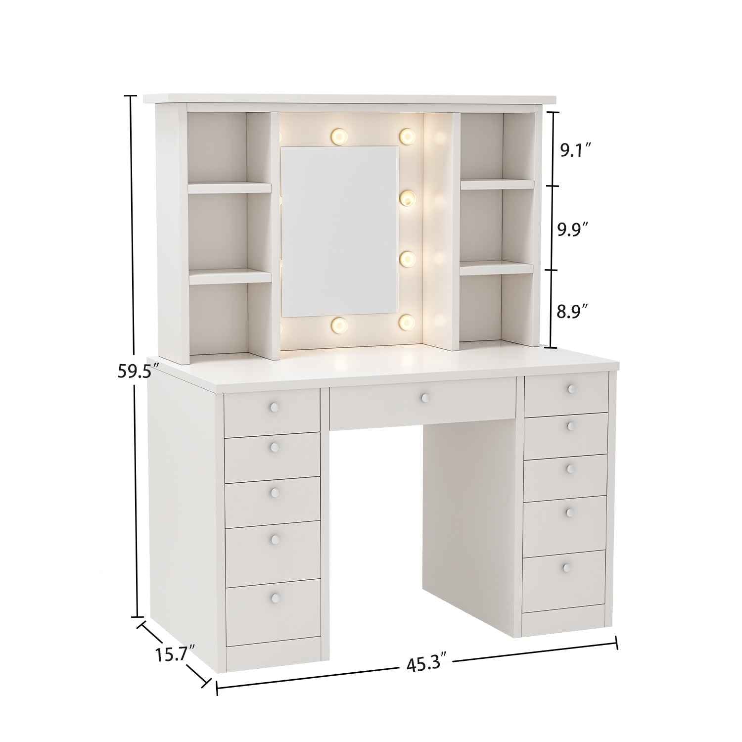 Elegant White Vanity Desk with LED Lighted Mirror and 11 Drawers